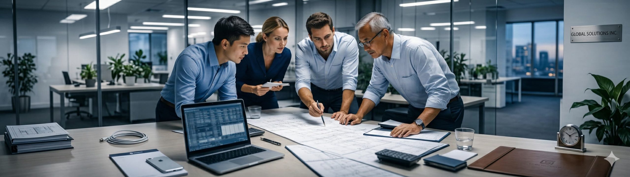 Project stakeholders collaborating over technical plans in a modern office, representing clear collaboration, information flow, and strong ISO and IMS outcomes for SF Engineering.