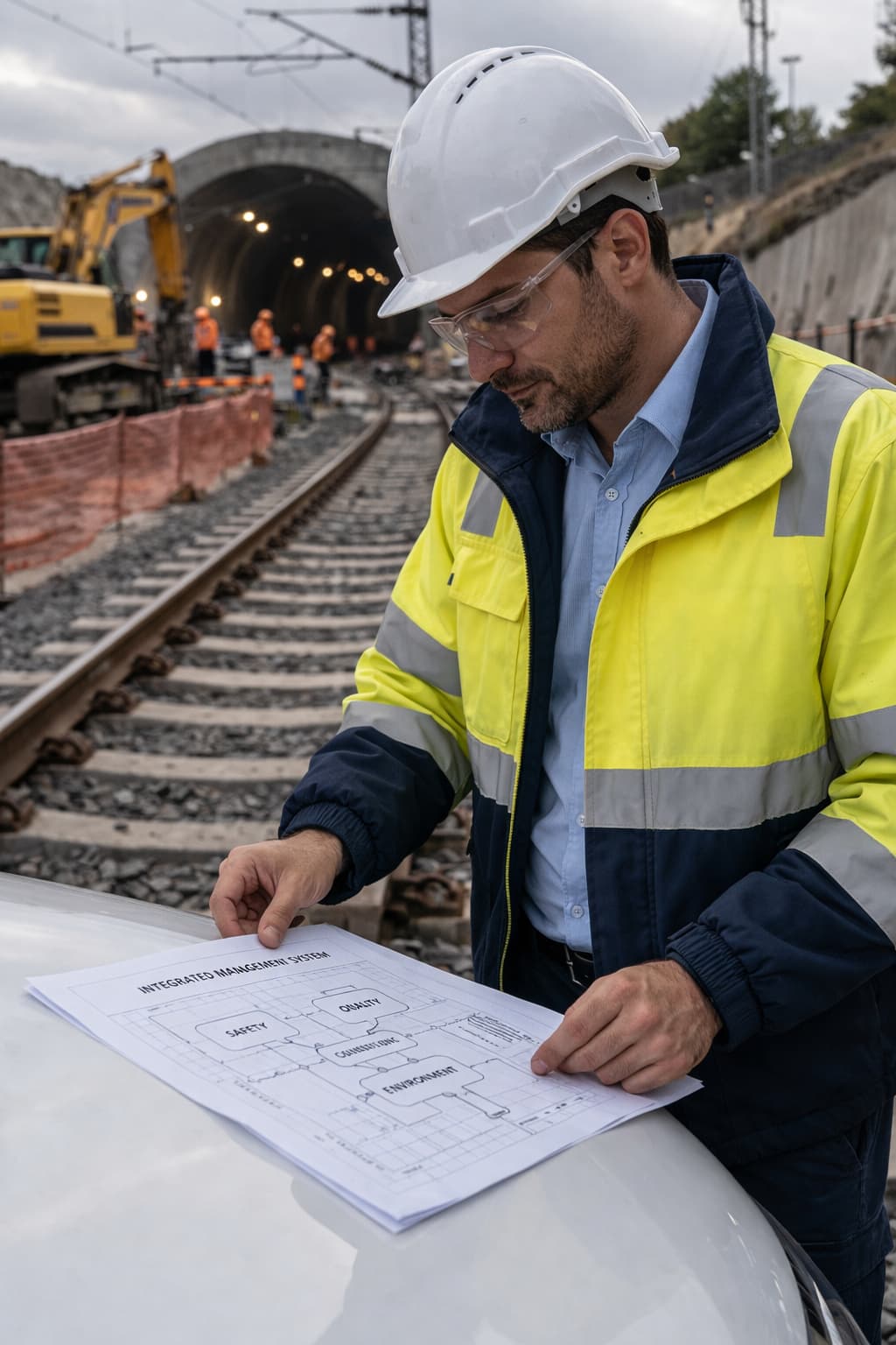 Engineer in a rail construction environment representing operational control within an integrated management system.