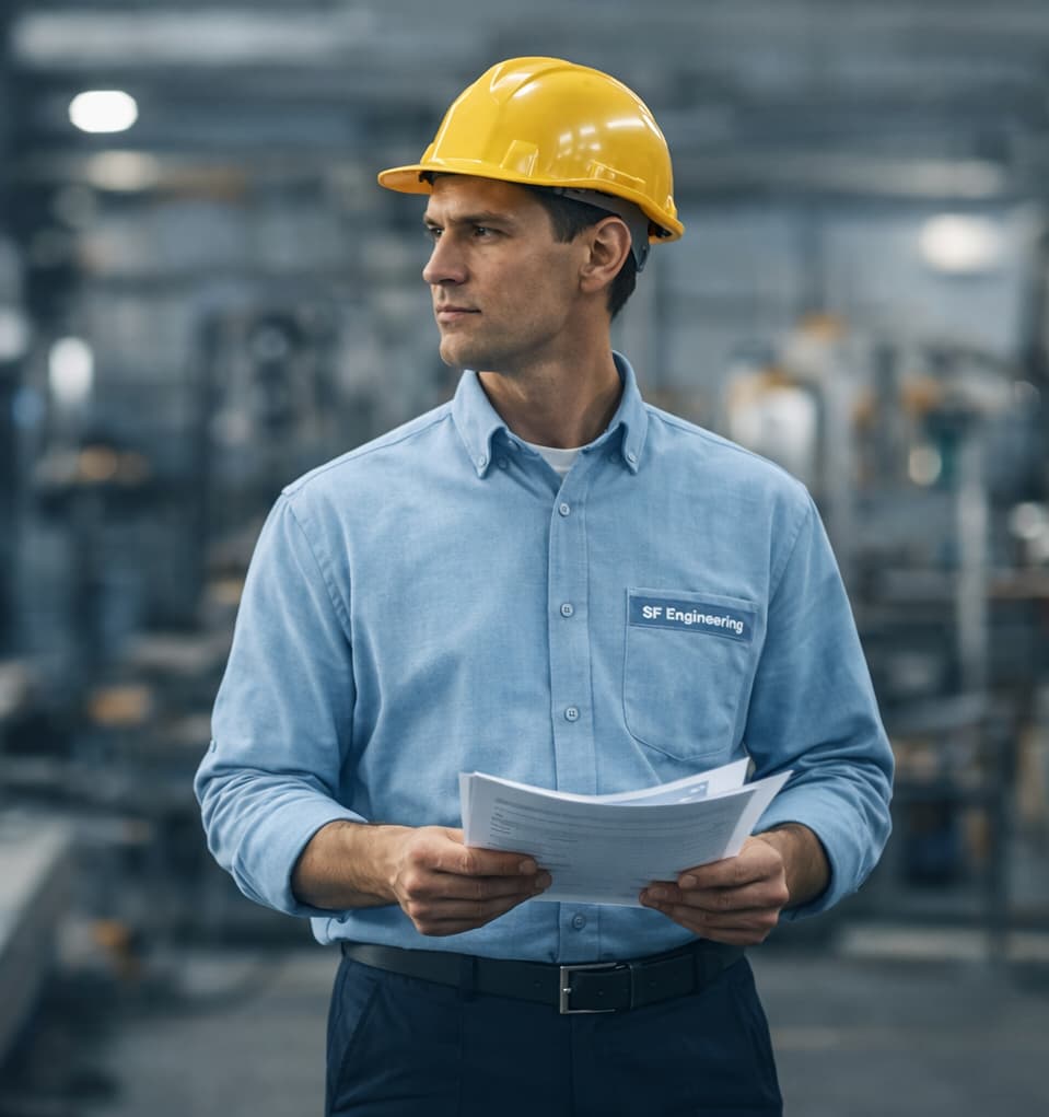 SF Engineering project engineer reviewing documents in an industrial workshop, representing structured ISO and IMS project delivery for audit-ready outcomes.