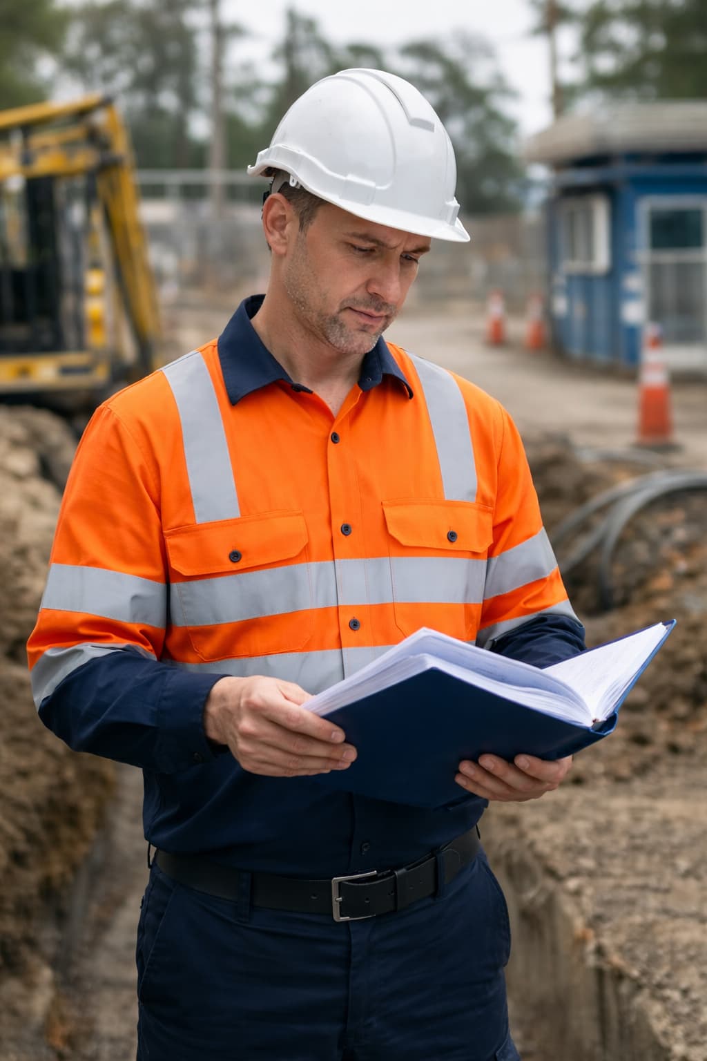 Australian site supervisor reviewing compliance documents on infrastructure project