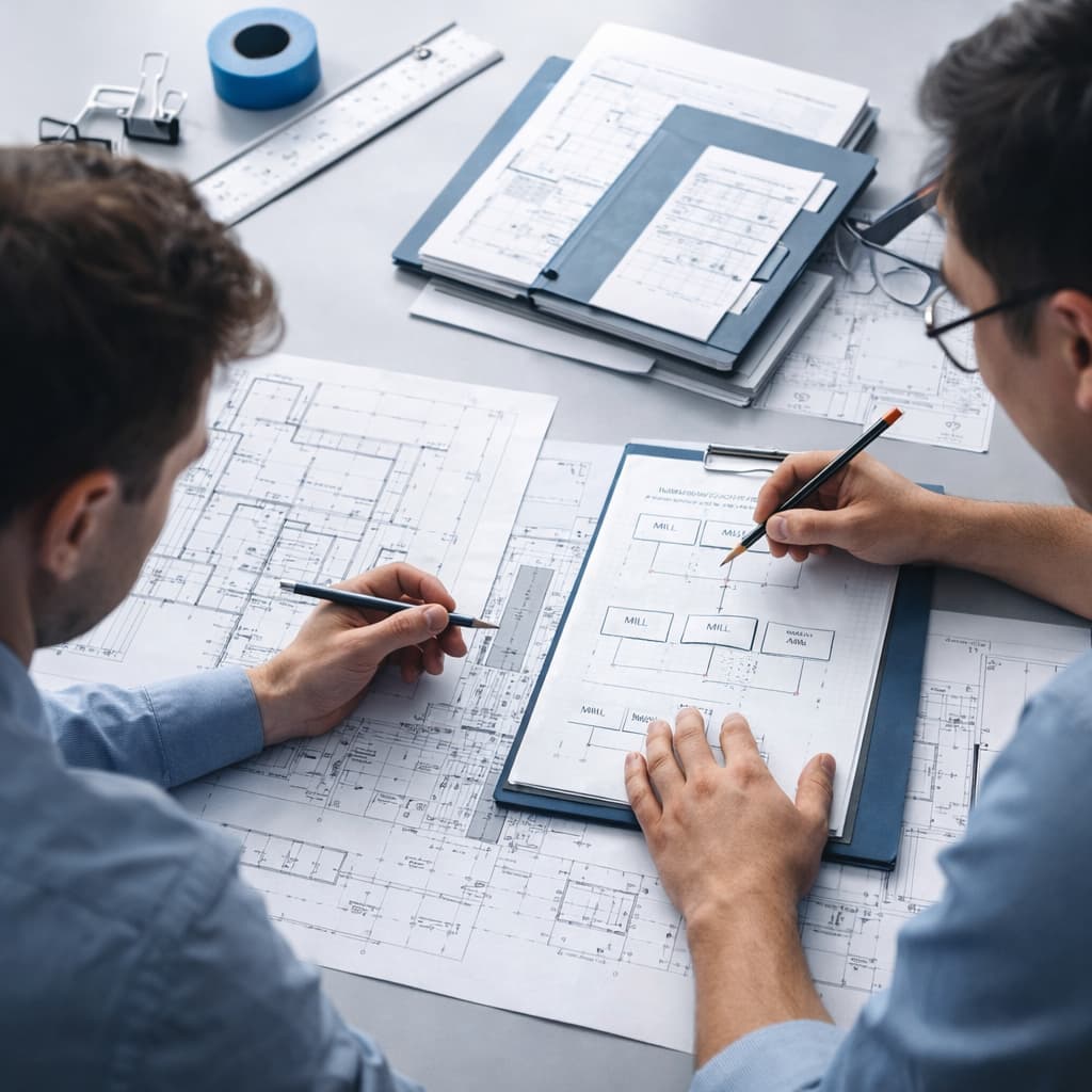 Two engineers collaborating over technical plans and project staging documents, representing pricing structure, milestone planning, and commercial clarity for SF Engineering.