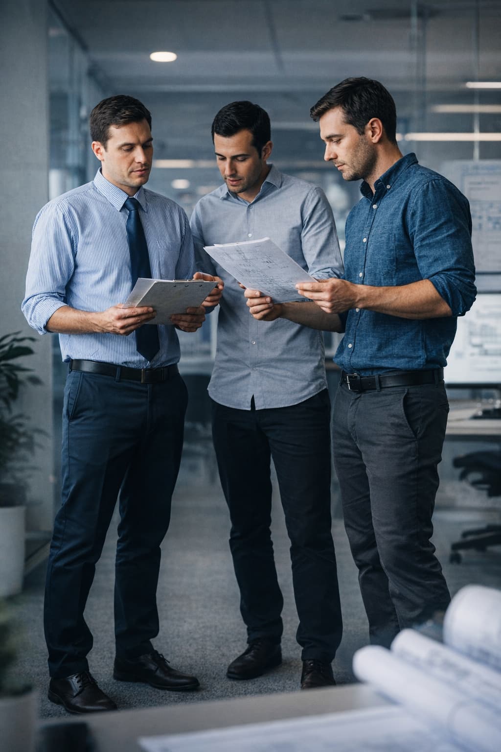 Serious engineering team reviewing technical documents in a focused office environment.