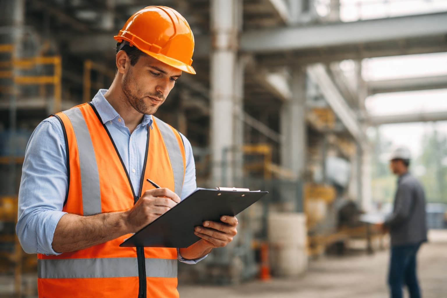 Male site reviewer in an orange hard hat and high-visibility vest conducting an ISO accreditation-style system check, representing structured review and audit readiness for SF Engineering.
