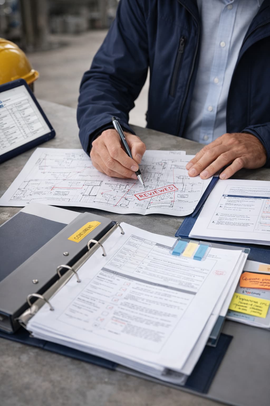 SF Engineering process review image showing controlled documentation, marked plans, and project records in an operational setting