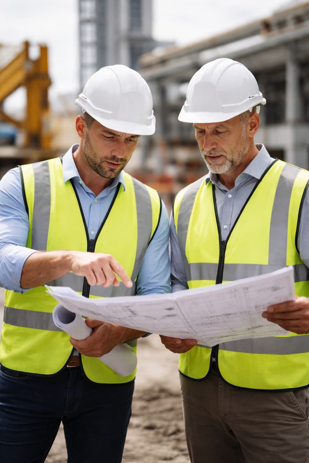 Two engineering professionals in high-visibility PPE reviewing site plans at an operational construction environment, conveying practical ISO certification, integrated management systems and HSEQ support.