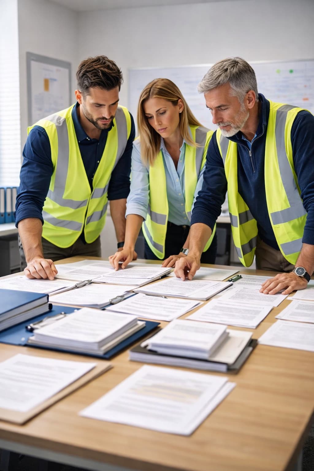 Three professionals in high-visibility vests reviewing HSEQ process documentation and printed procedures across a table in a project office, showing structured operational review and system planning.