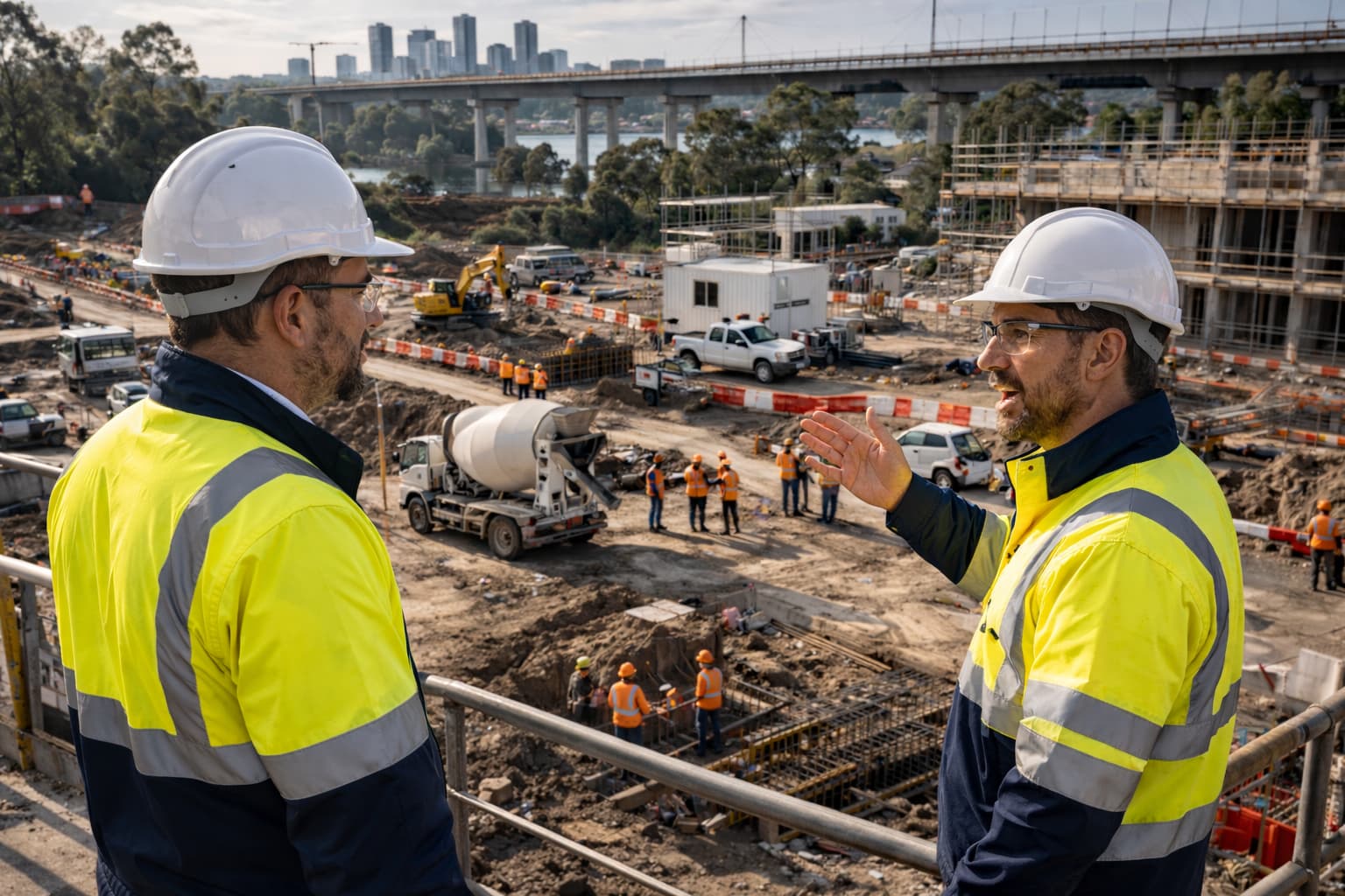 Two construction professionals in PPE speaking on an elevated platform above an active infrastructure site, representing integrated management systems, site coordination, and operational alignment.