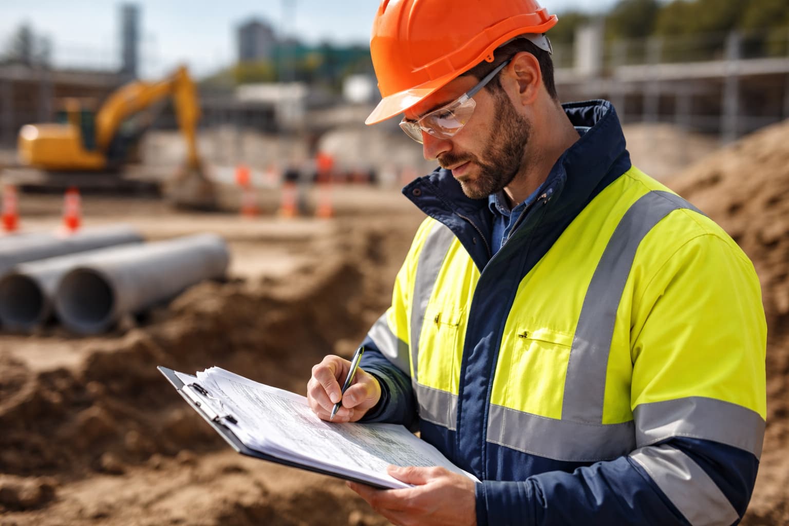 Engineering professional in high-visibility PPE reviewing compliance documentation on an active construction site, representing practical ISO certification support and audit readiness.