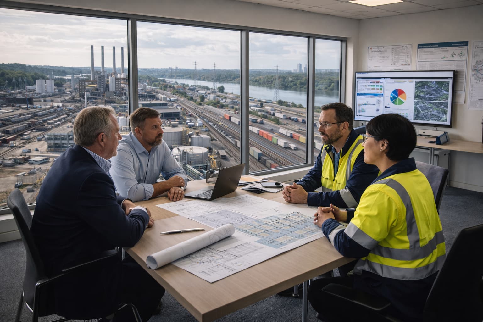 Senior leaders and operations managers meeting in a project coordination room overlooking a major industrial and transport environment, representing strategic oversight and integrated governance.