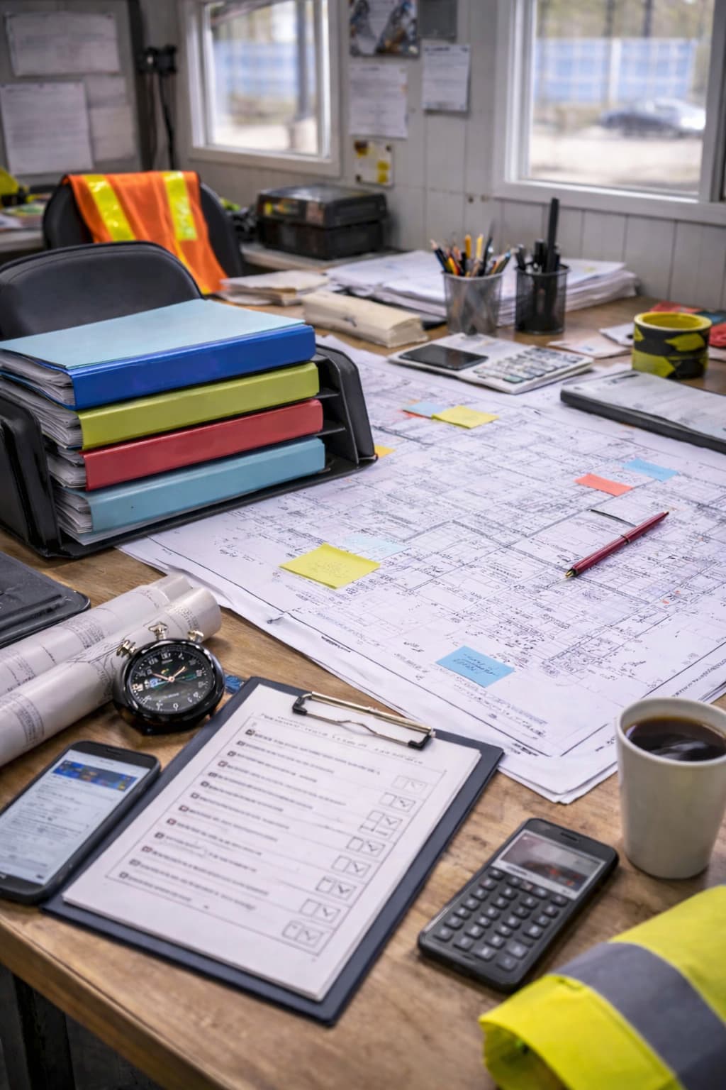 Project planning workspace in a temporary site office with organised binders, blueprint plans, checklist materials, calculator, and rollout preparation tools, representing urgent mobilisation and accelerated implementation planning.