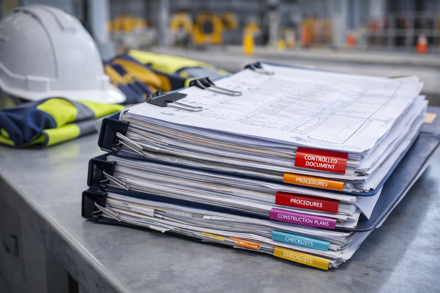Organised controlled documents, procedures, construction plans, and checklists secured in binders on an industrial work surface, representing document control and HSEQ system discipline.