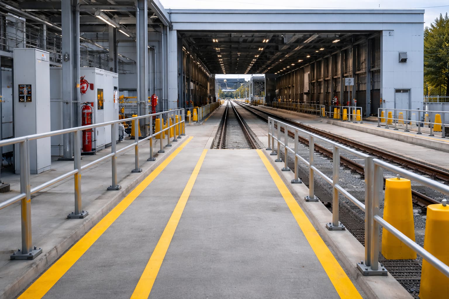Ordered rail infrastructure and maintenance environment with marked walkways, controlled access zones, and organised safety features, representing operational control and structured HSEQ oversight.