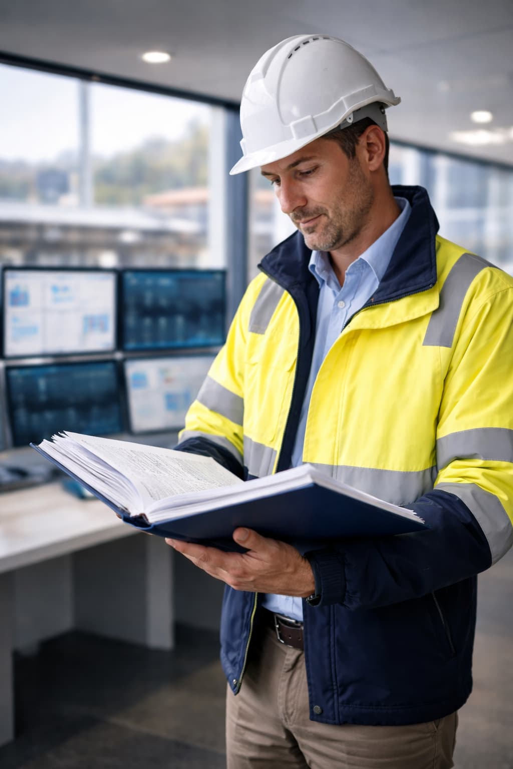 Senior HSEQ professional in site-ready PPE reviewing an integrated system file in a controlled operations environment, representing VANTAGE360 and mature HSEQ framework oversight.