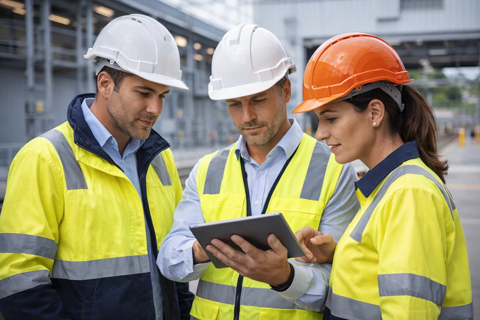 Three site-ready professionals in PPE reviewing operational information together in an industrial environment, representing team alignment, system visibility, and integrated HSEQ coordination.