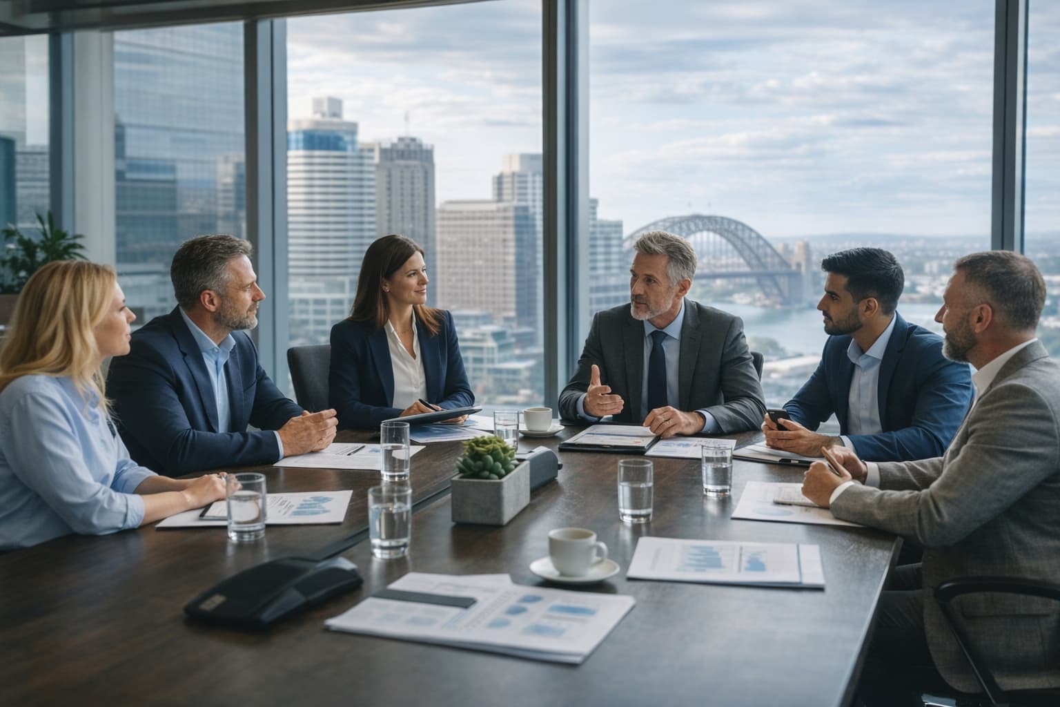 SF Engineering HSEQ system review meeting in Sydney boardroom with executives discussing compliance and operational performance