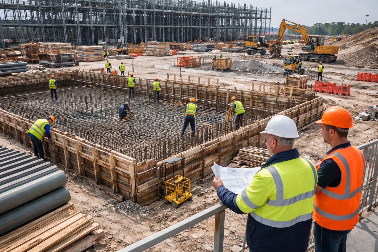 Elevated view of an active construction site with multiple workers and supervisors, representing SF Engineering’s VANTAGE360 integrated HSEQ framework in real operational use.