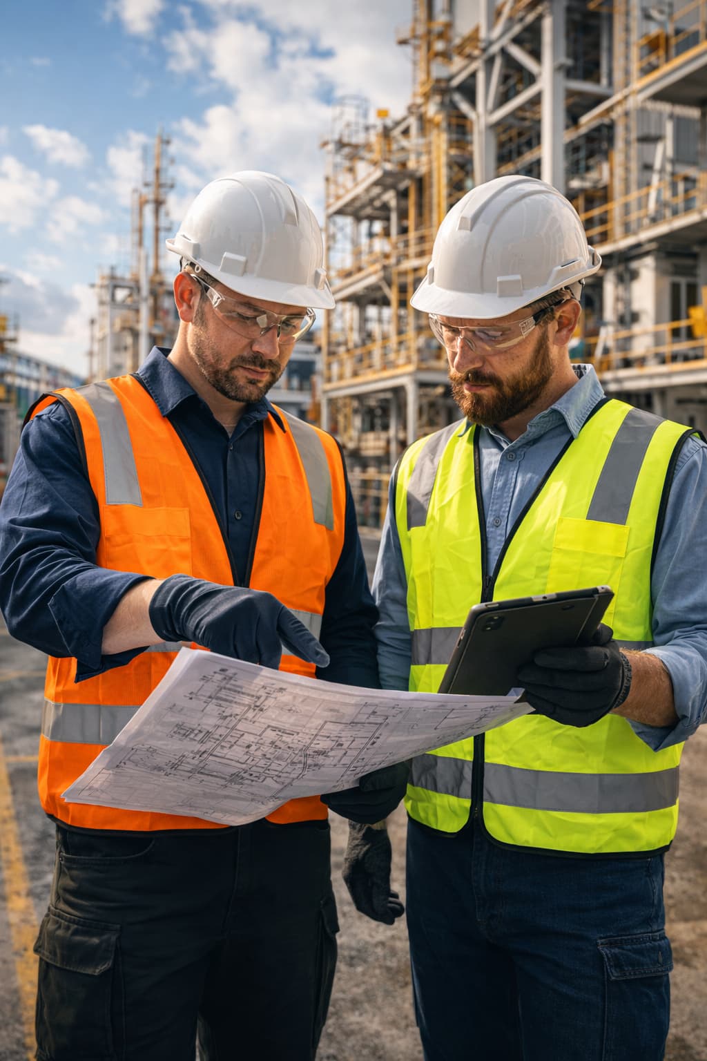 Professional engineers in safety gear reviewing technical blueprints and digital tablets on a large-scale industrial site.