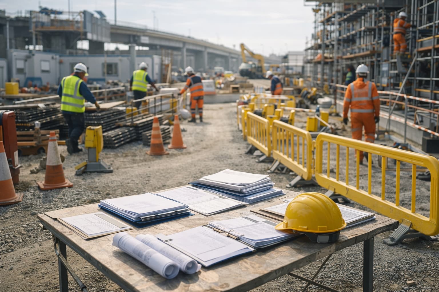 Active construction site with organised documentation and coordinated workers, representing less duplication and more usable time within SF Engineering’s integrated HSEQ framework.