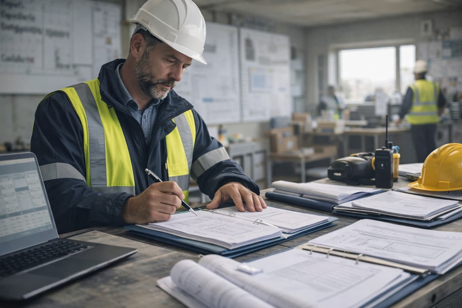 Construction supervisor reviewing organised project documentation in a controlled site office, representing lower admin drag and clearer control within SF Engineering’s integrated HSEQ framework.