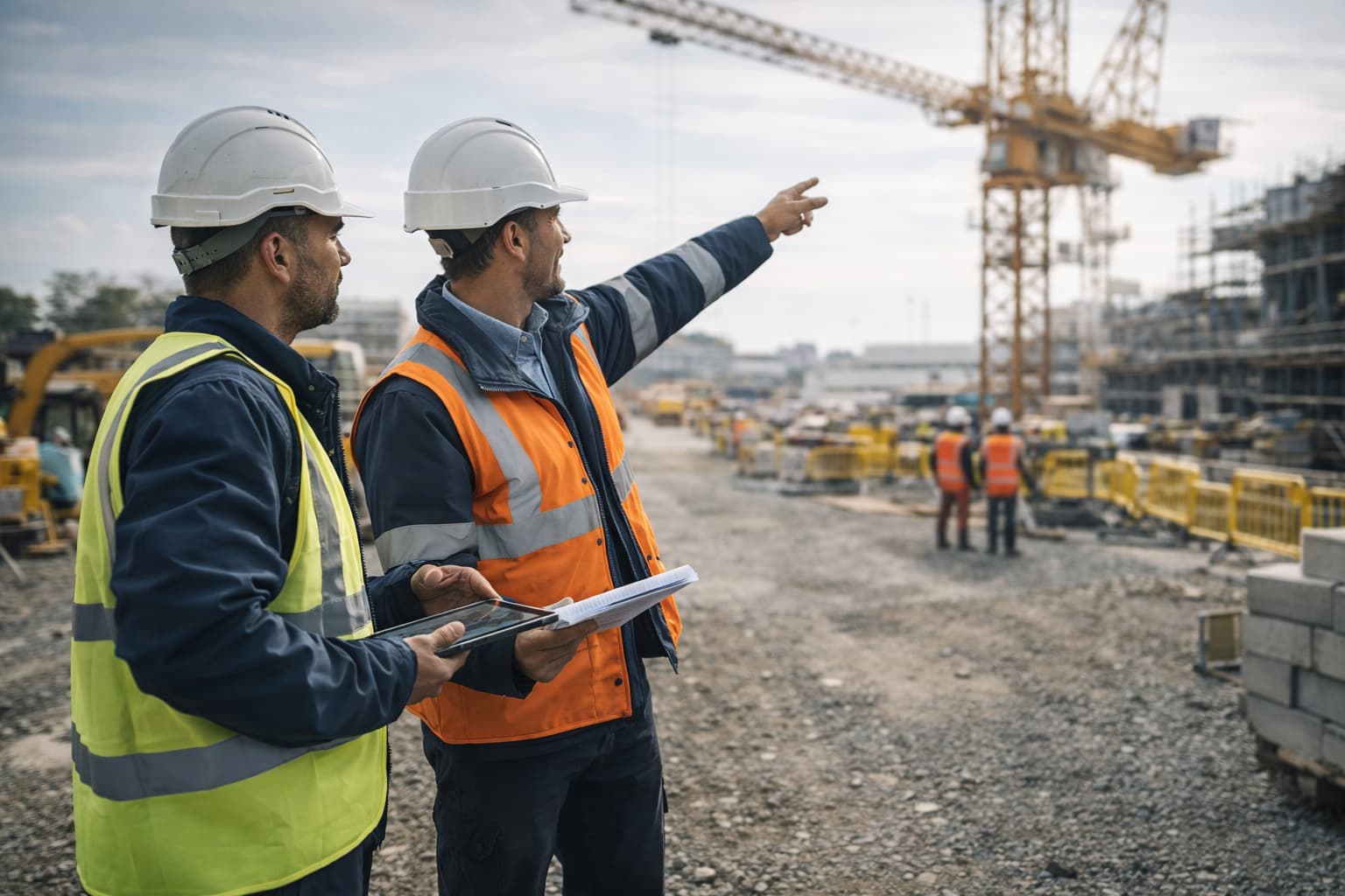 Supervisors overseeing activity on an active construction site, representing stronger readiness and steadier operations within SF Engineering’s integrated HSEQ framework.