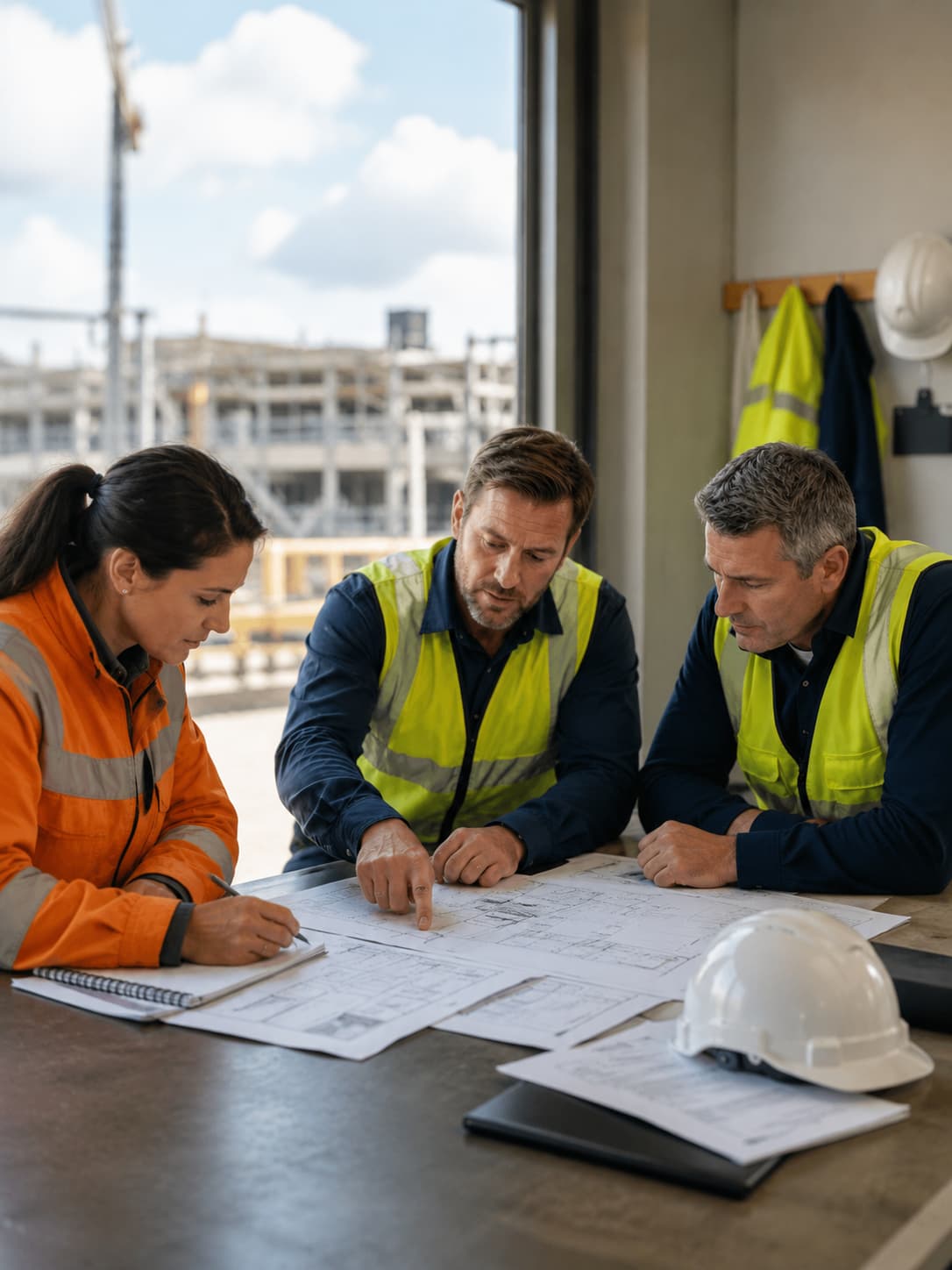 Civil infrastructure project team reviewing construction plans and compliance documents in a site office, representing SF Engineering support for real project environments