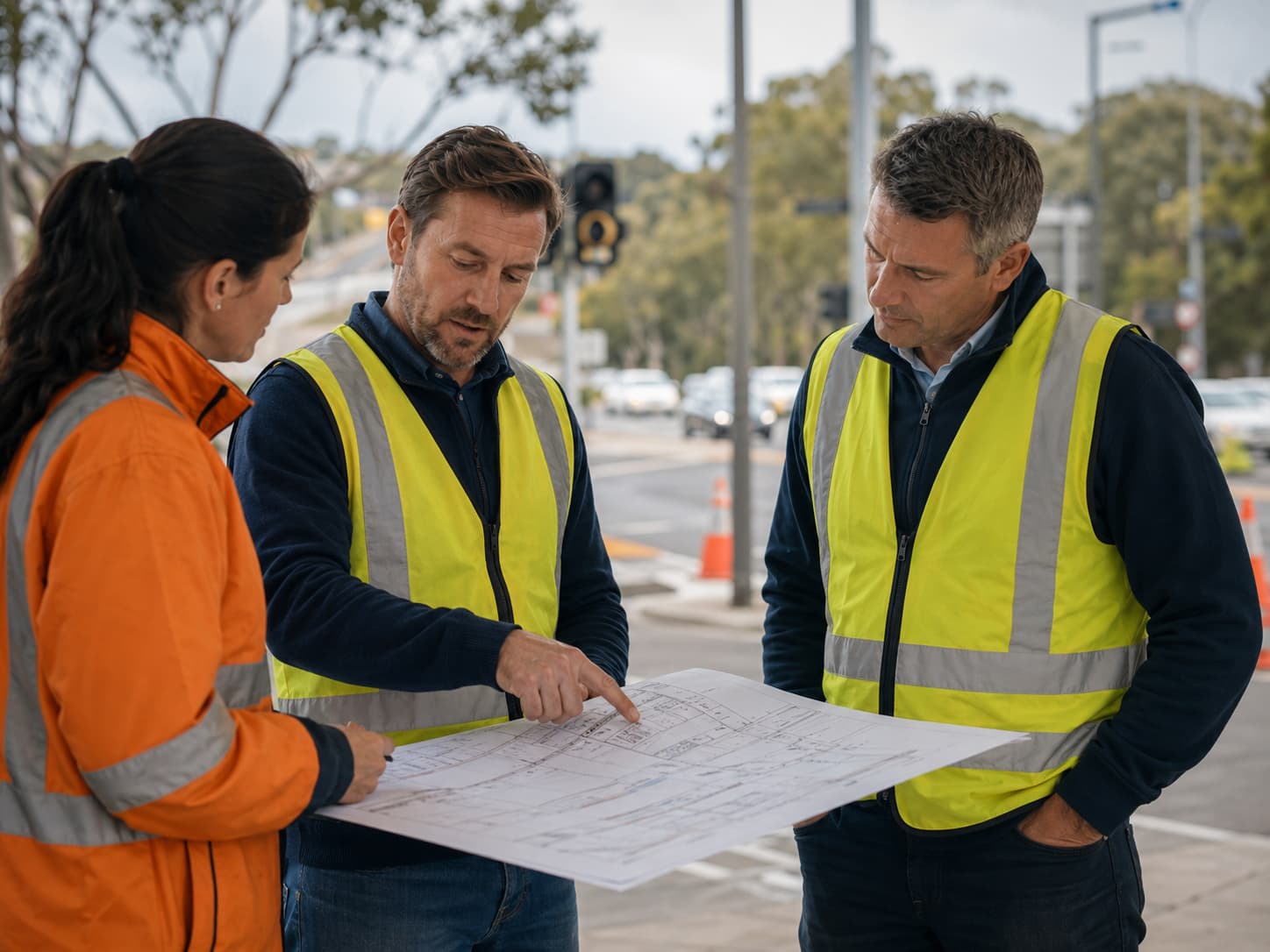Project team reviewing civil plans near a public works area, representing SF Engineering council project management support