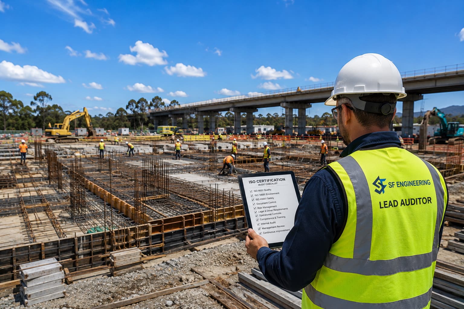 Construction site team review supporting ISO certification, tender readiness and audit-ready systems for civil contractors