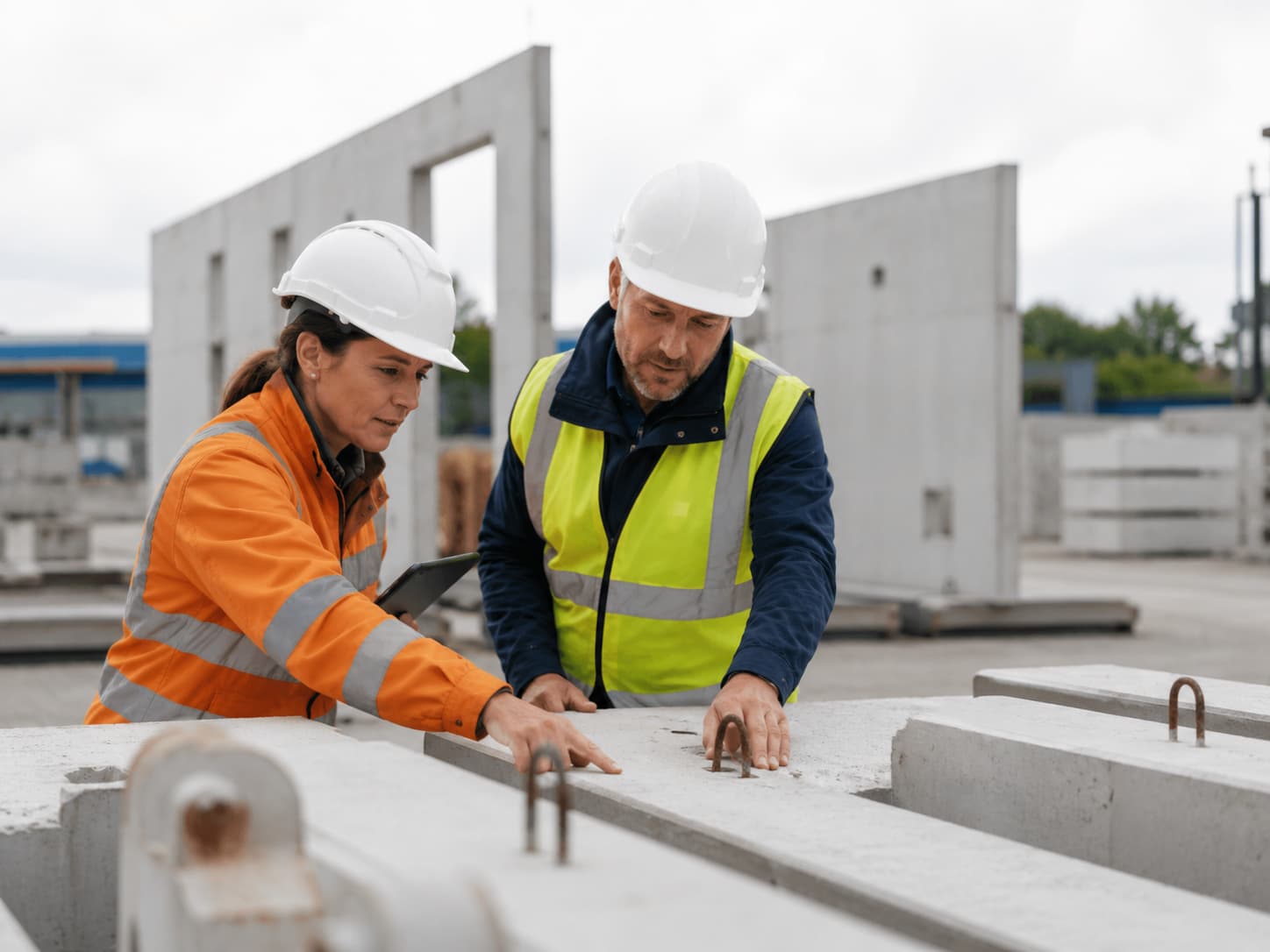 Construction professionals inspecting precast concrete elements, representing SF Engineering quality and project documentation support