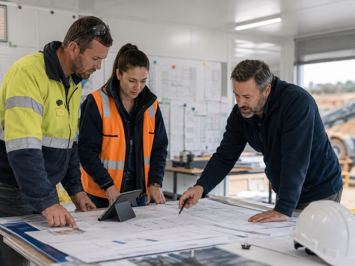 Project team reviewing construction plans in a site office, representing SF Engineering construction and project support services.