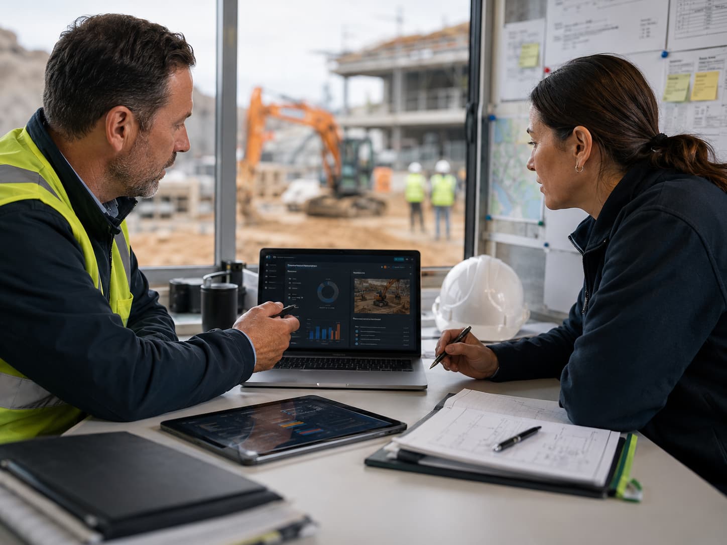 Two professionals reviewing engineering plans and project documentation, representing SF Engineering lead auditing and HSEQ review support.