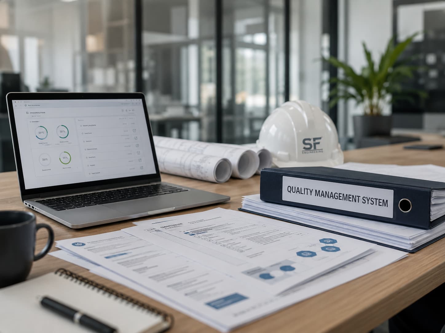 Quality management system documents and digital dashboard representing SF Engineering quality management systems support.