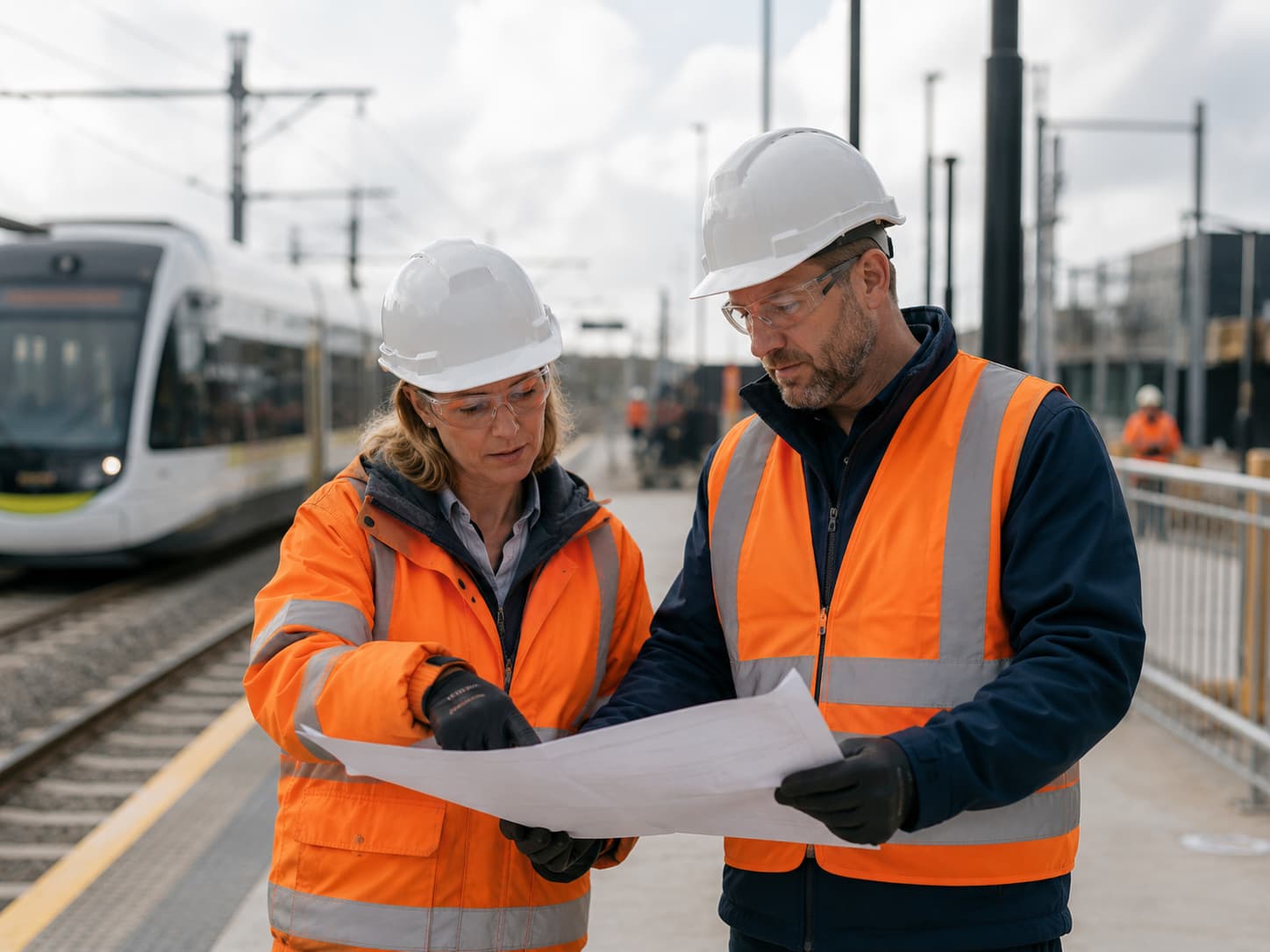 Rail project professionals reviewing plans near light rail infrastructure, representing SF Engineering quality and compliance support