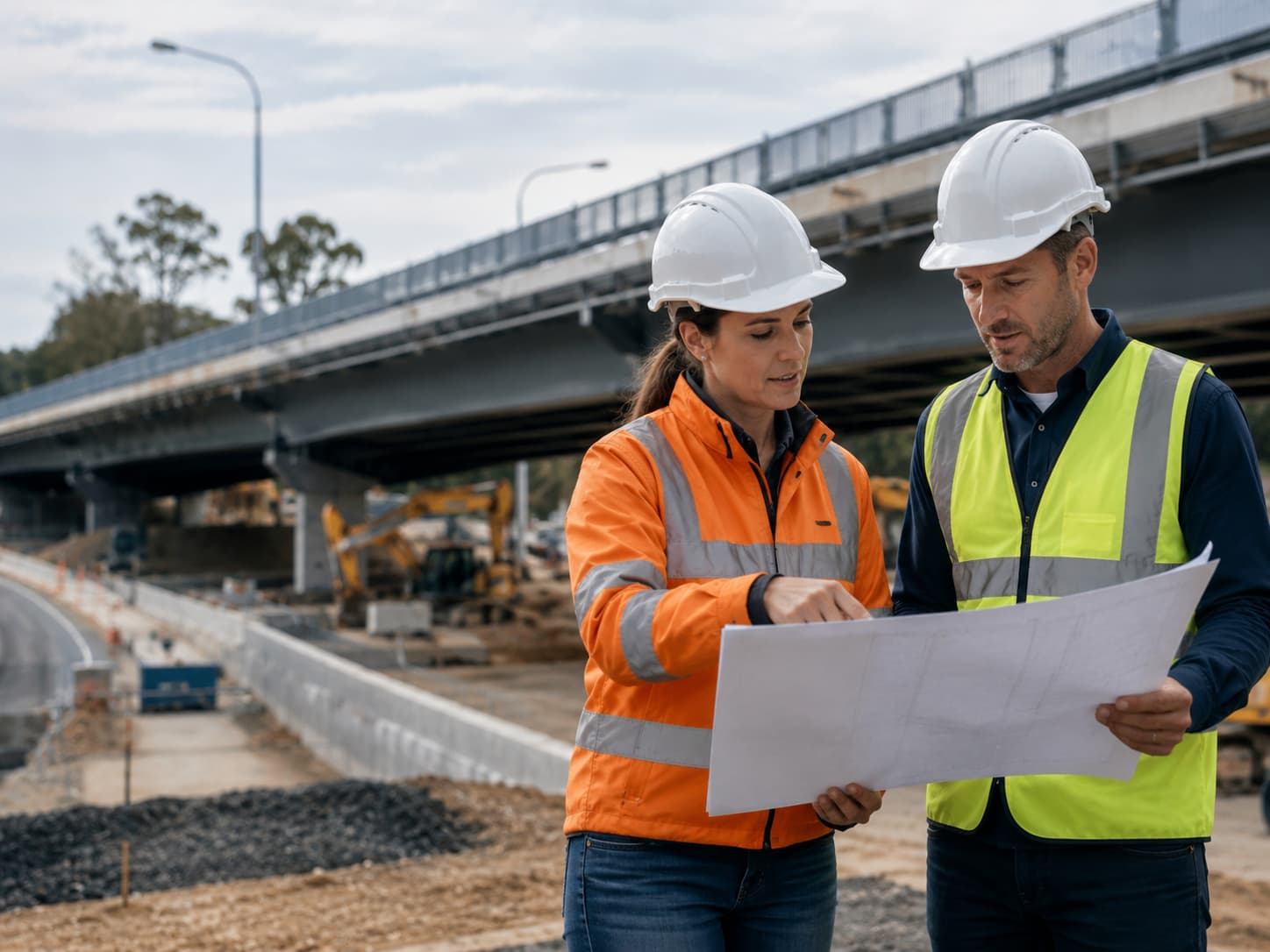 Engineers reviewing project plans near a bridge and road infrastructure site, representing SF Engineering transport infrastructure project support